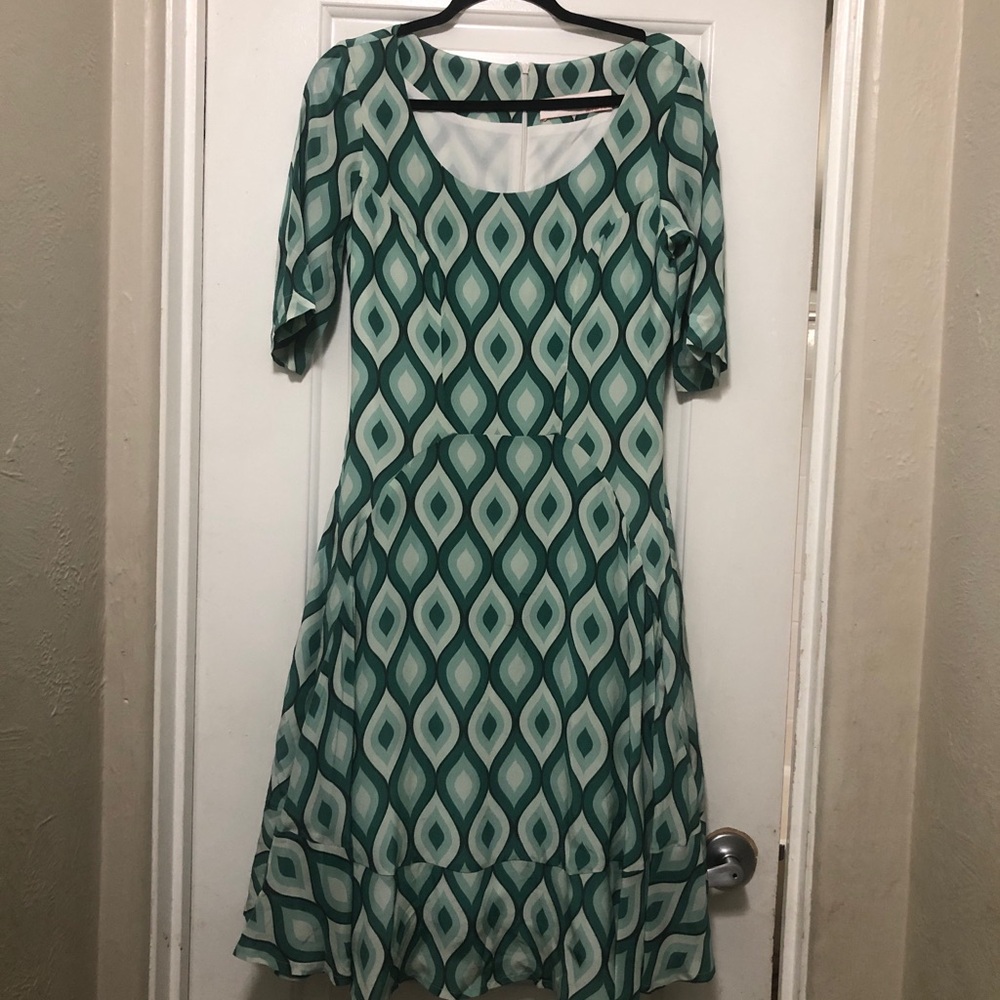 Women's Teal Geometric Midi Dress with Scoop Neck Dieuthanh Haute Couture dress - Picture 3 of 8